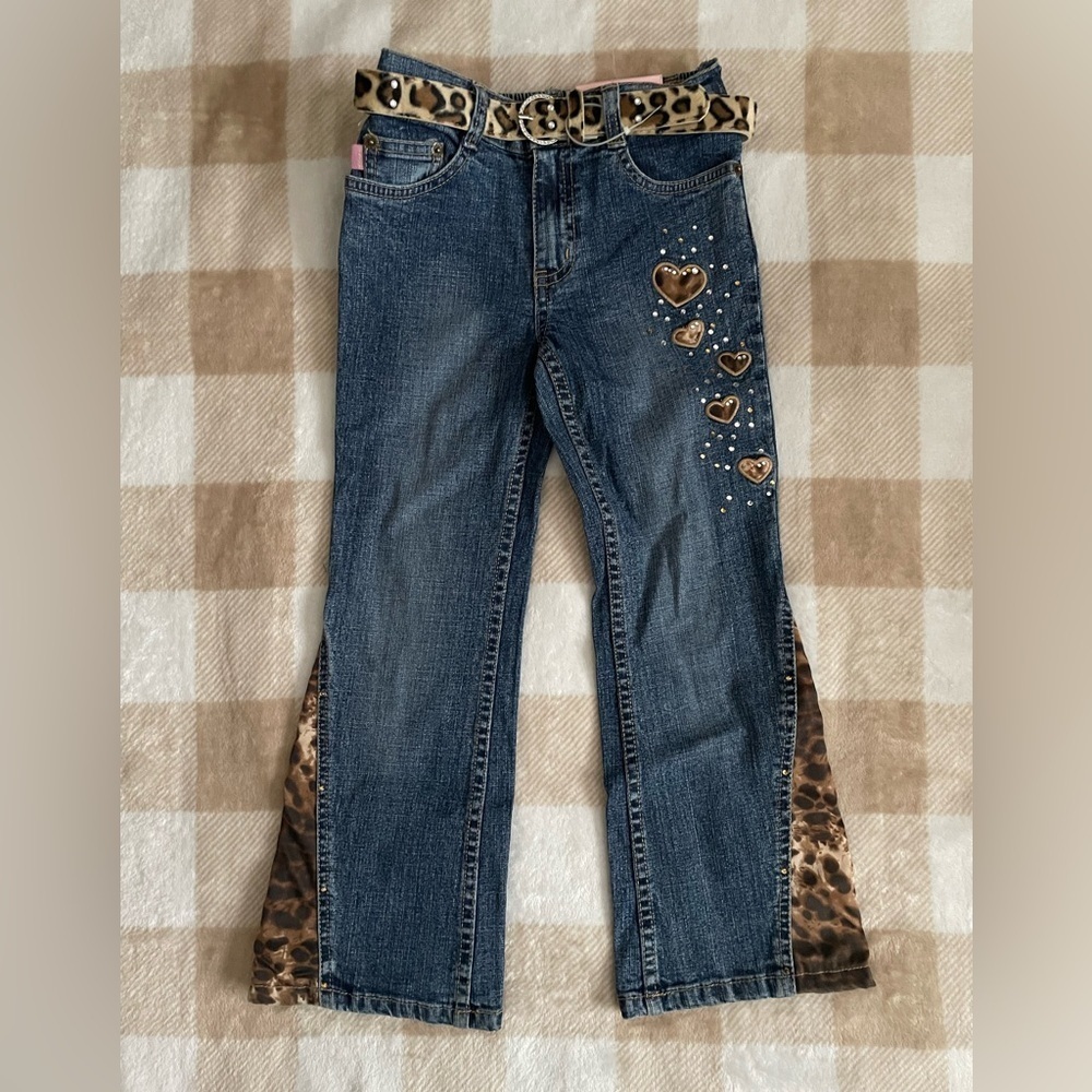 Vintage Bongo Stylish Blue Flare Jeans w Belt Cheetah Heart Accents Size Girls 5